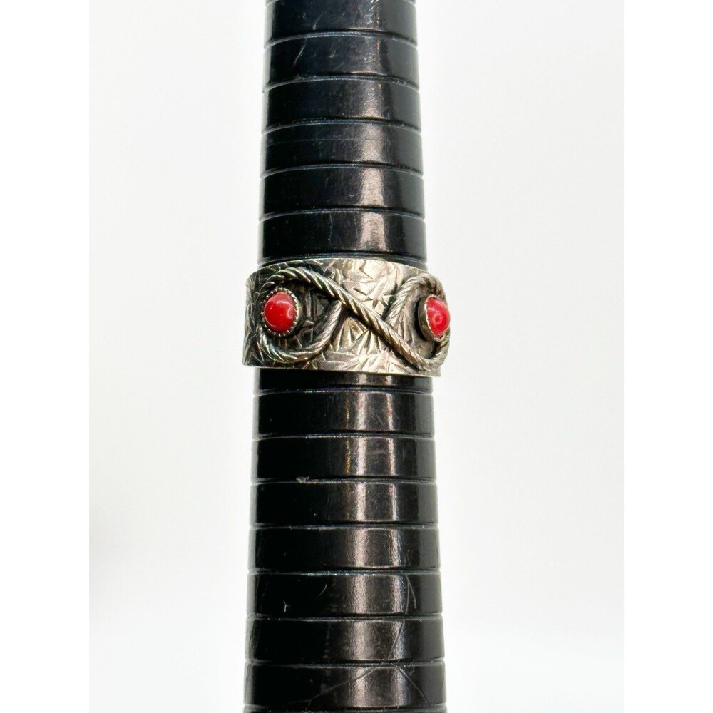 Vintage Spain Ring Red Cabochon Silver Tone Artisan Boho Adjustable Size 8